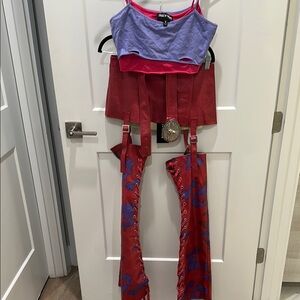 Dolls Kill Red & Purple Lace-Up Bondage Pants with Belted Skirt